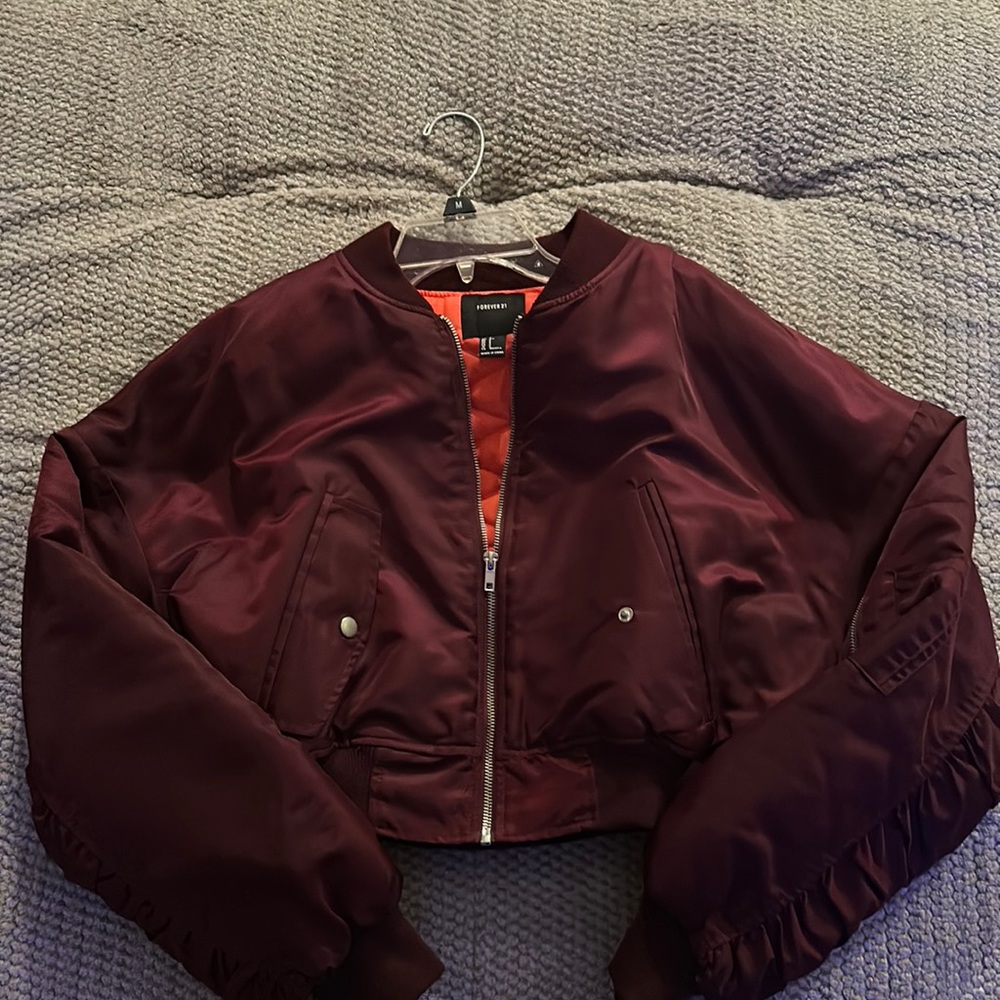Forever 21 Burgundy Crop Bomber Jacket w/ Orange Interior